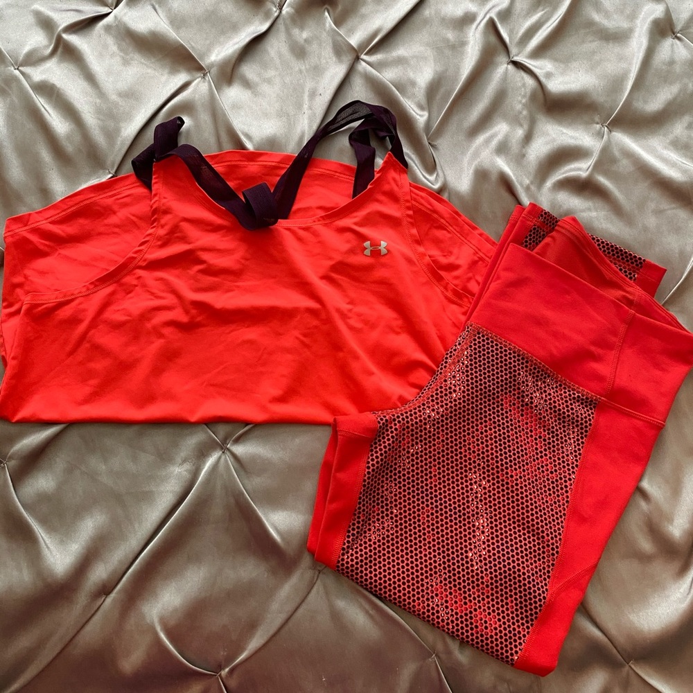 Under Armour workout tank and leggings.